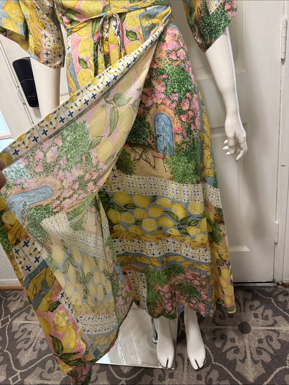 Aldo Martins Abstract Print Knit Tie Waist Midi Cardigan Dress Floral Lemons O/S - Picture 11 of 16